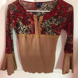 Y2K Bell Sleeve Paisley Top With Faux Suede Trim